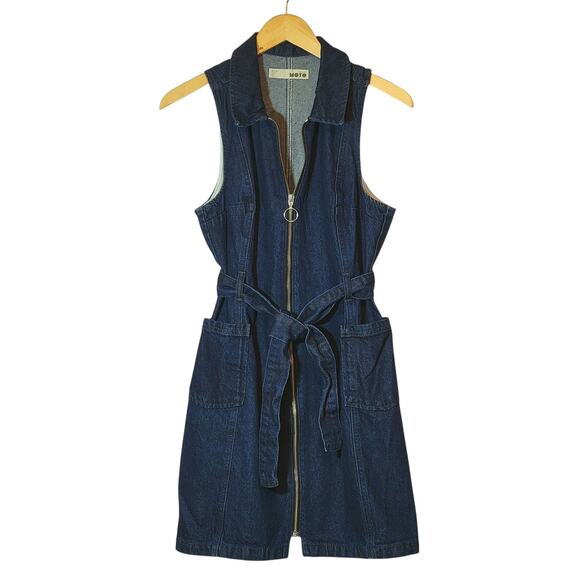 TOPSHOP MOTO Blue Denim Mini Dress Sleeveless Zip Up Front Belted Tie Waist 10 - Picture 1 of 13
